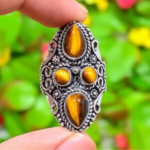 Size 11 Tigers Eye Gemstone 925 Sterling Silver Overlay Ring